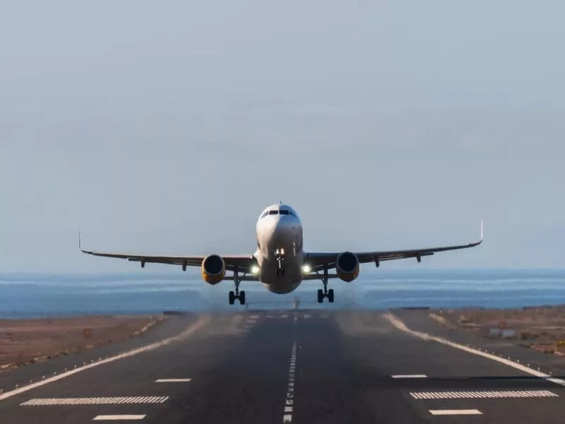 Front shot of plane taking off