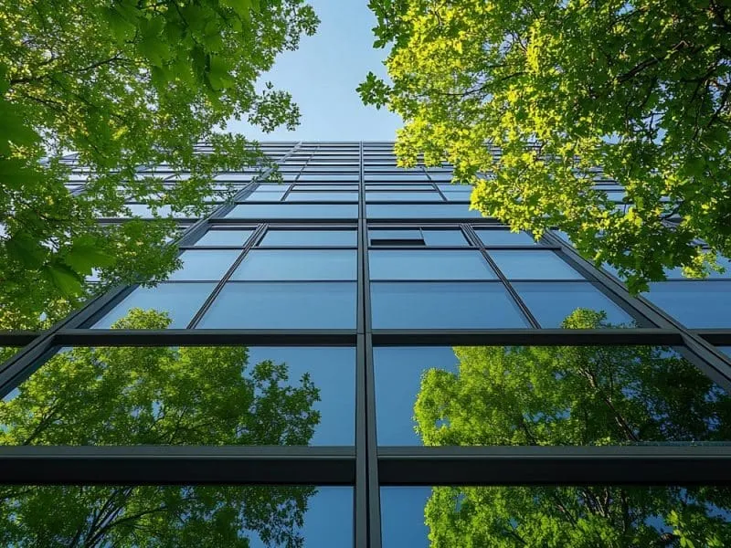 Upward view of a modern glass building facade reflecting green tree canopies, with leafy branches framing the scene against a clear blue sky.